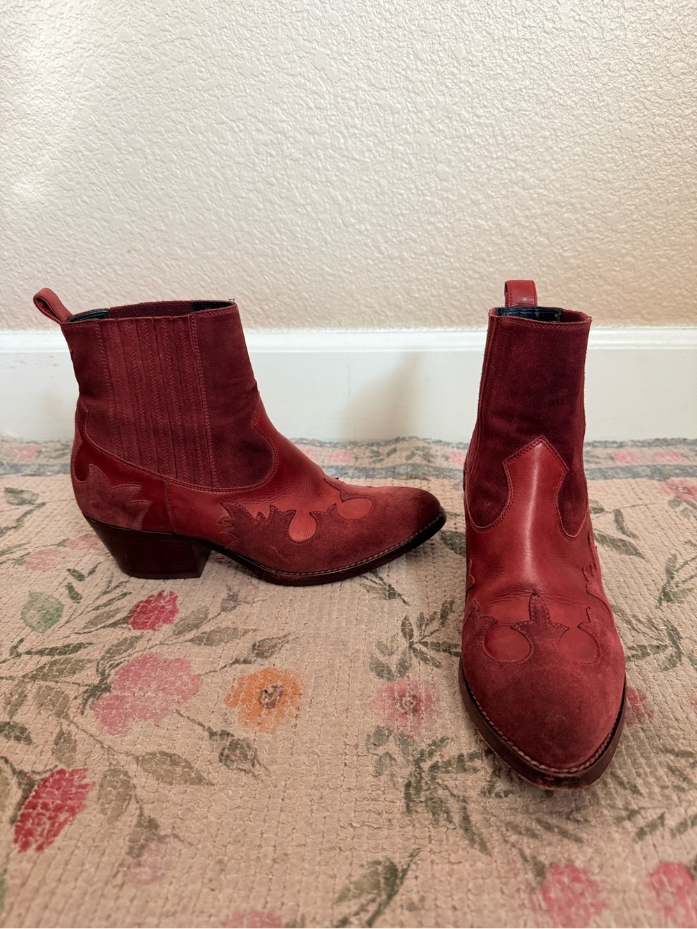 Barneys New York Red Suede Western Ankle Boots